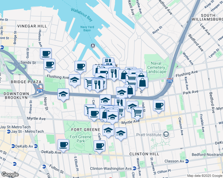 map of restaurants, bars, coffee shops, grocery stores, and more near 40 Vanderbilt Avenue in Brooklyn