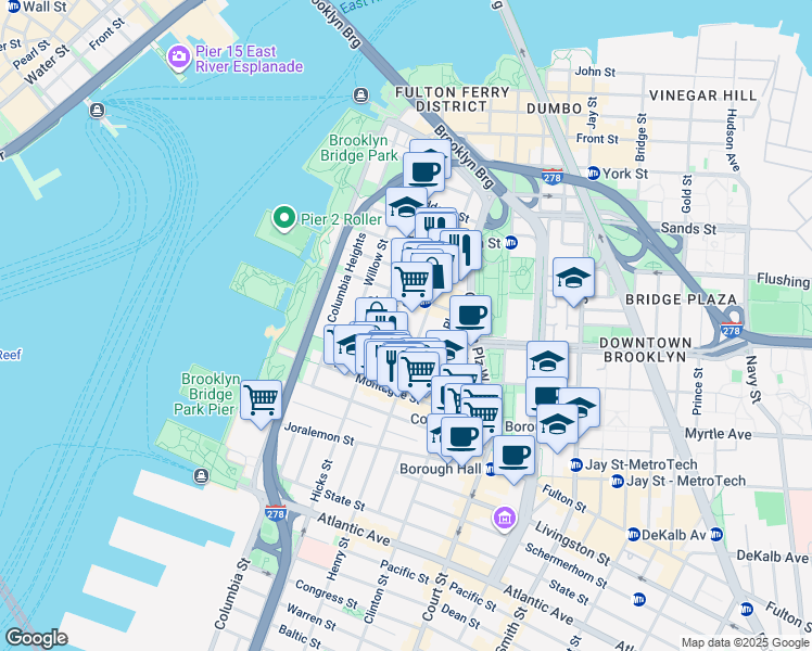map of restaurants, bars, coffee shops, grocery stores, and more near 138 Henry Street in Brooklyn