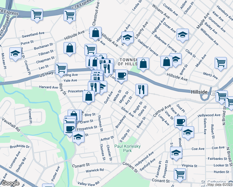 map of restaurants, bars, coffee shops, grocery stores, and more near 1291 White Street in Hillside