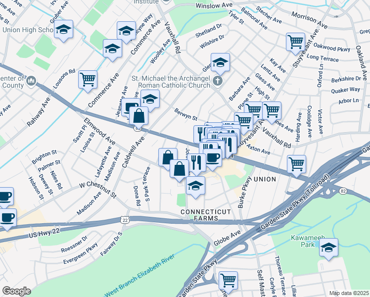 map of restaurants, bars, coffee shops, grocery stores, and more near 979 Union Terrace in Union