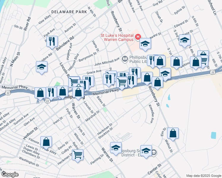 map of restaurants, bars, coffee shops, grocery stores, and more near 291 Pickford Avenue in Phillipsburg