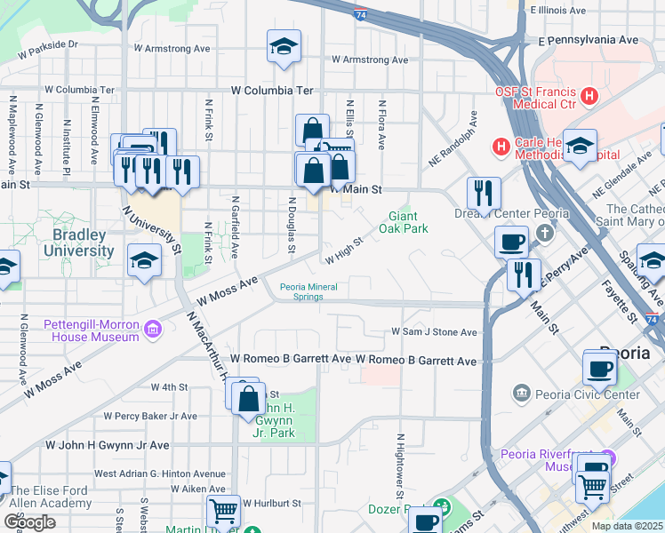 map of restaurants, bars, coffee shops, grocery stores, and more near 527 West Hillyer Place in Peoria