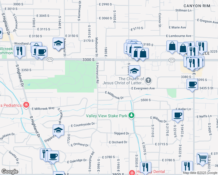 map of restaurants, bars, coffee shops, grocery stores, and more near 1483 East Evergreen Avenue in Salt Lake City