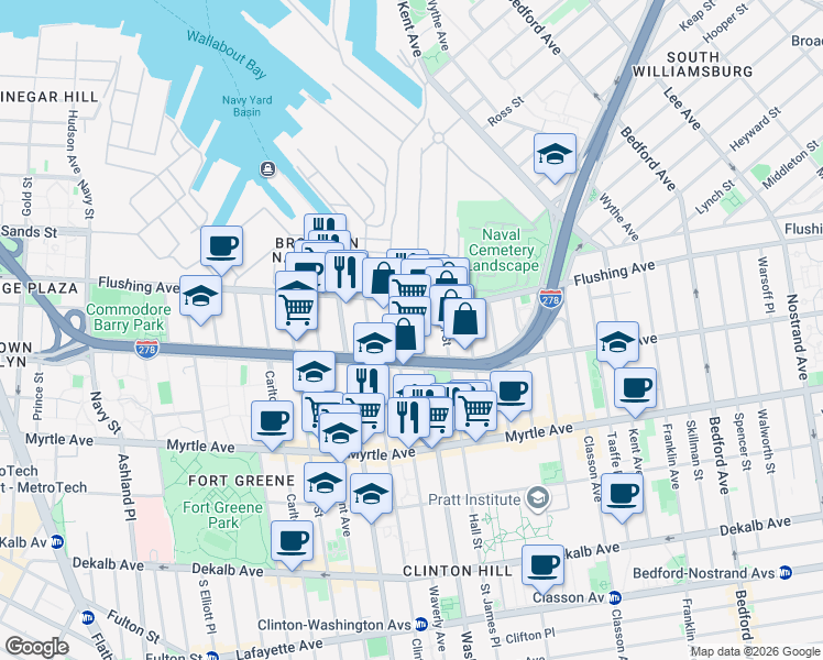 map of restaurants, bars, coffee shops, grocery stores, and more near 64 Washington Avenue in Brooklyn