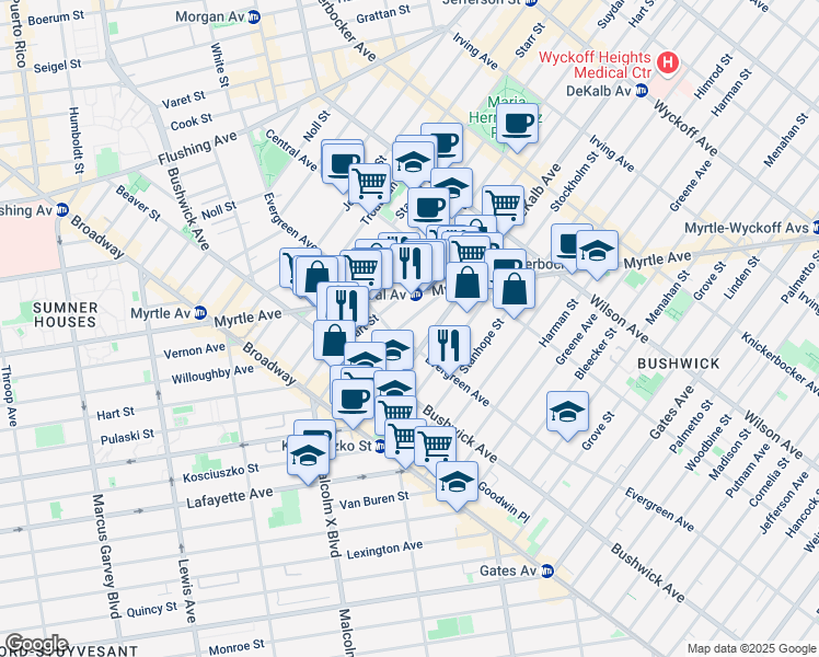 map of restaurants, bars, coffee shops, grocery stores, and more near 1235 Dekalb Avenue in Brooklyn