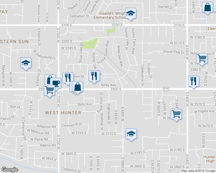 map of restaurants, bars, coffee shops, grocery stores, and more near 3480 Leeds Cove in West Valley City