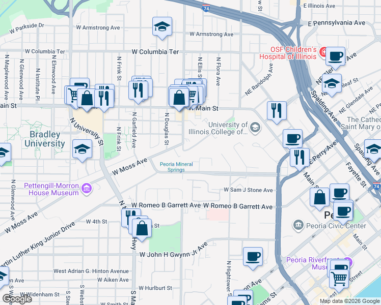 map of restaurants, bars, coffee shops, grocery stores, and more near 612 West High Street in Peoria