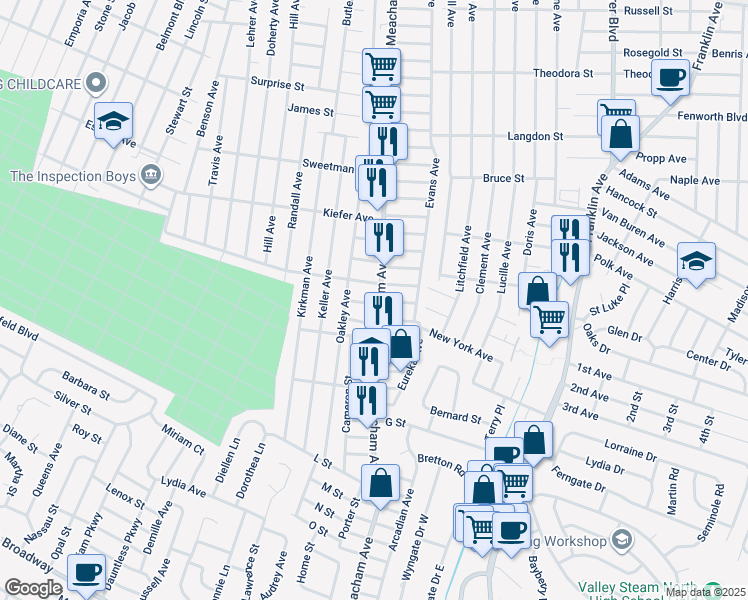 map of restaurants, bars, coffee shops, grocery stores, and more near 410 Meacham Avenue in Elmont
