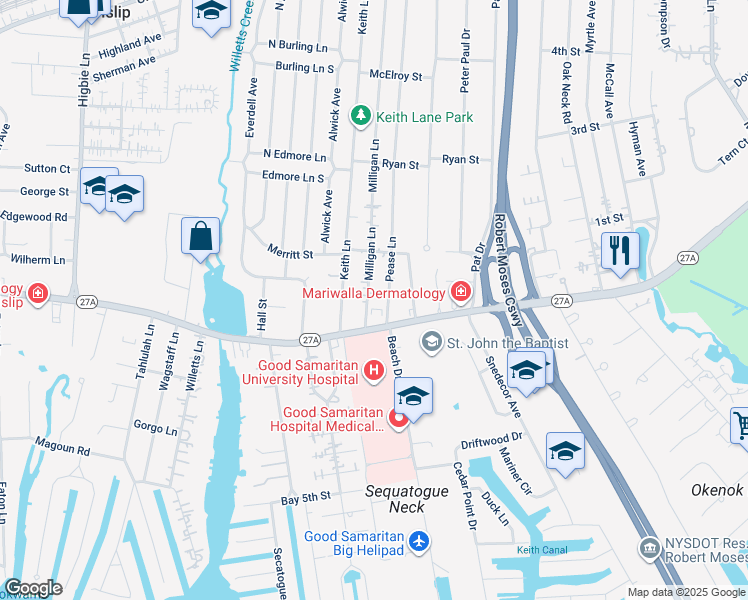 map of restaurants, bars, coffee shops, grocery stores, and more near 495 Milligan Lane in West Islip