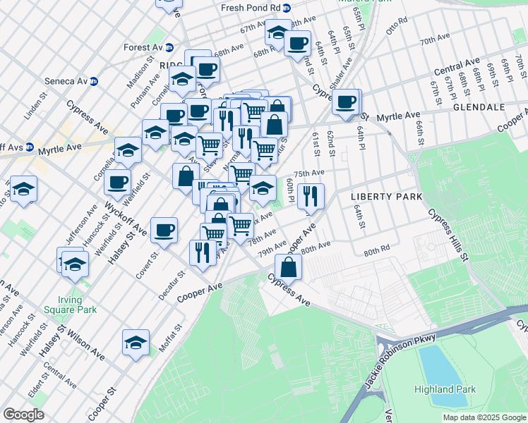map of restaurants, bars, coffee shops, grocery stores, and more near 59-09 Saint Felix Avenue in Queens
