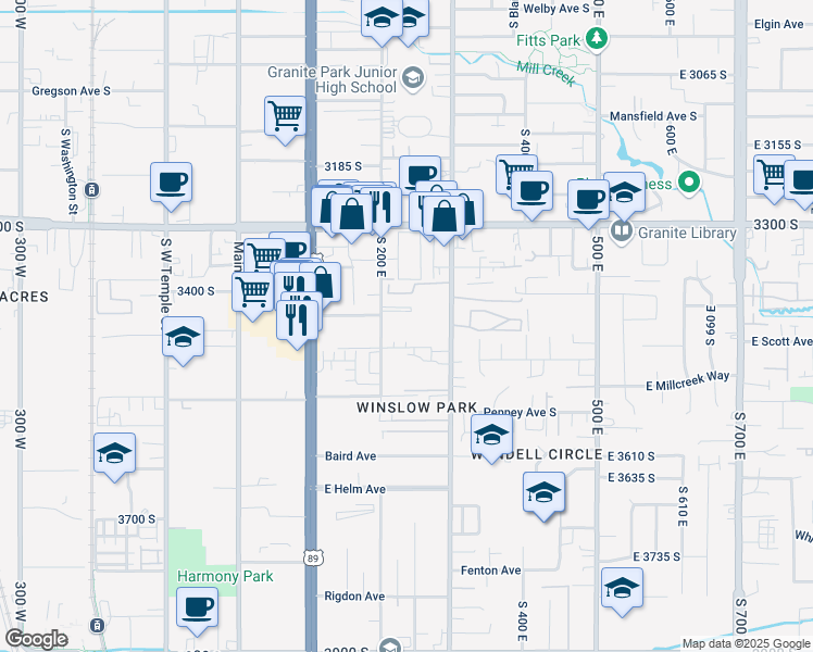 map of restaurants, bars, coffee shops, grocery stores, and more near 3417 South 200 East in Salt Lake City