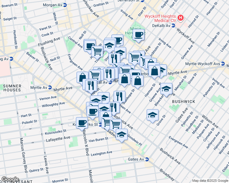 map of restaurants, bars, coffee shops, grocery stores, and more near 57 Stockholm Street in Brooklyn