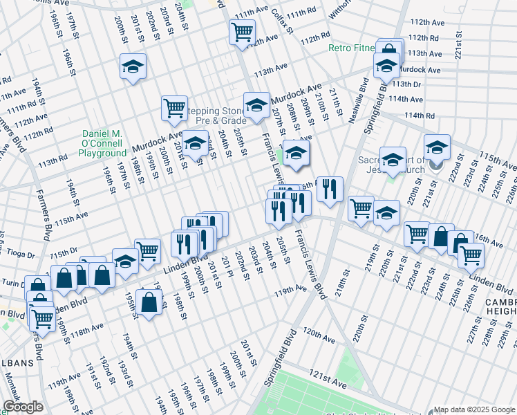 map of restaurants, bars, coffee shops, grocery stores, and more near 116-11 204th Street in Queens
