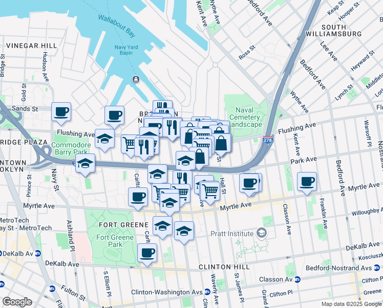map of restaurants, bars, coffee shops, grocery stores, and more near 235 Park Avenue in Brooklyn