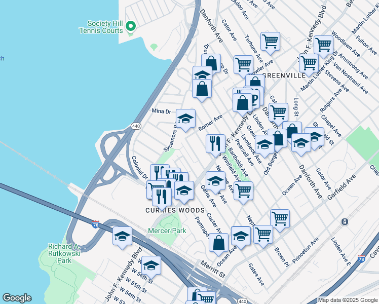 map of restaurants, bars, coffee shops, grocery stores, and more near 257 Seaview Avenue in Jersey City