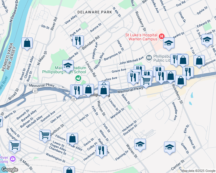 map of restaurants, bars, coffee shops, grocery stores, and more near 210 Prospect Avenue in Phillipsburg
