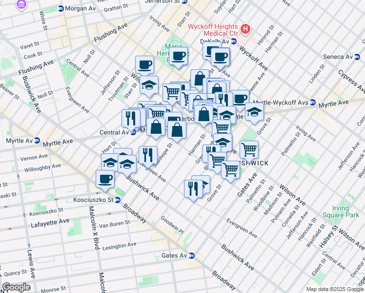 map of restaurants, bars, coffee shops, grocery stores, and more near Central Ave & Himrod St in Brooklyn
