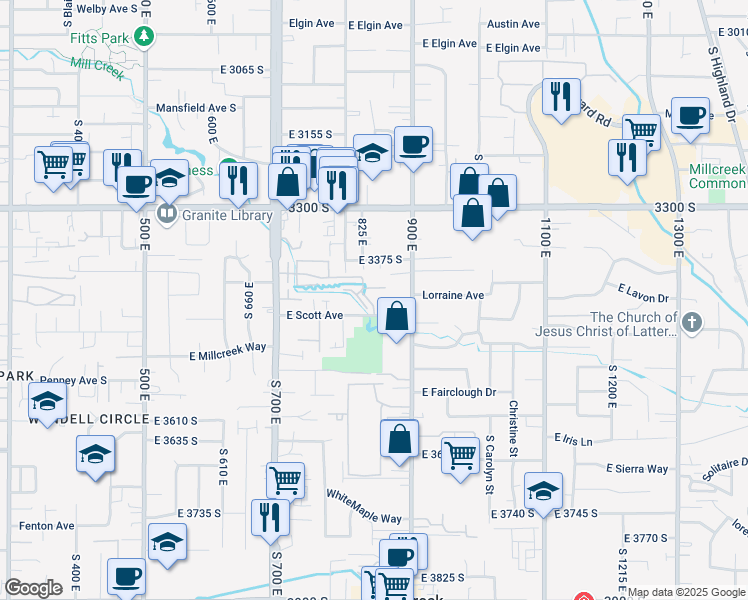 map of restaurants, bars, coffee shops, grocery stores, and more near 3431 Brookview Lane in Millcreek