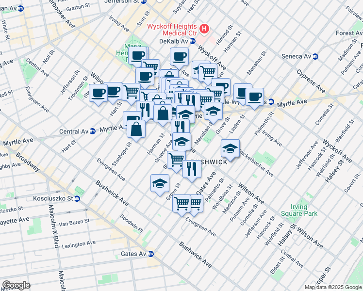 map of restaurants, bars, coffee shops, grocery stores, and more near 176 Bleecker Street in Brooklyn