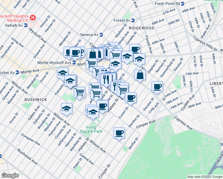 map of restaurants, bars, coffee shops, grocery stores, and more near 919 Wyckoff Avenue in Queens