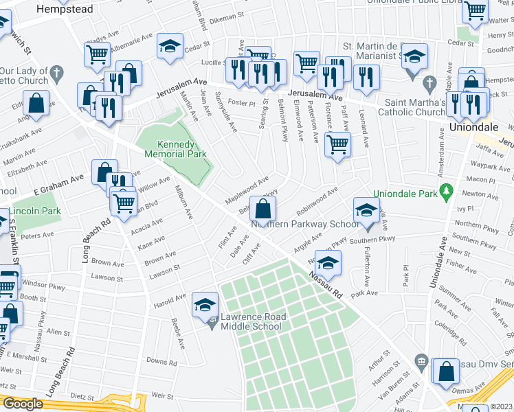 map of restaurants, bars, coffee shops, grocery stores, and more near 226 Belmont Parkway in Hempstead