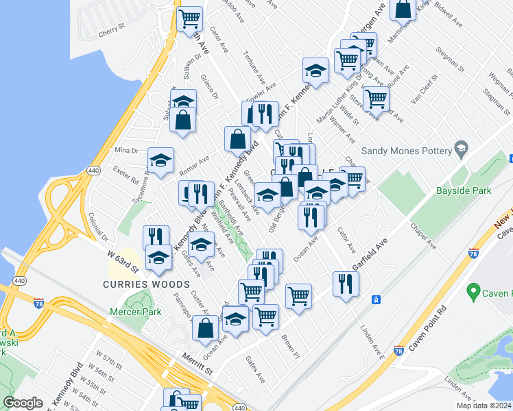 map of restaurants, bars, coffee shops, grocery stores, and more near 192 Lembeck Avenue in Jersey City