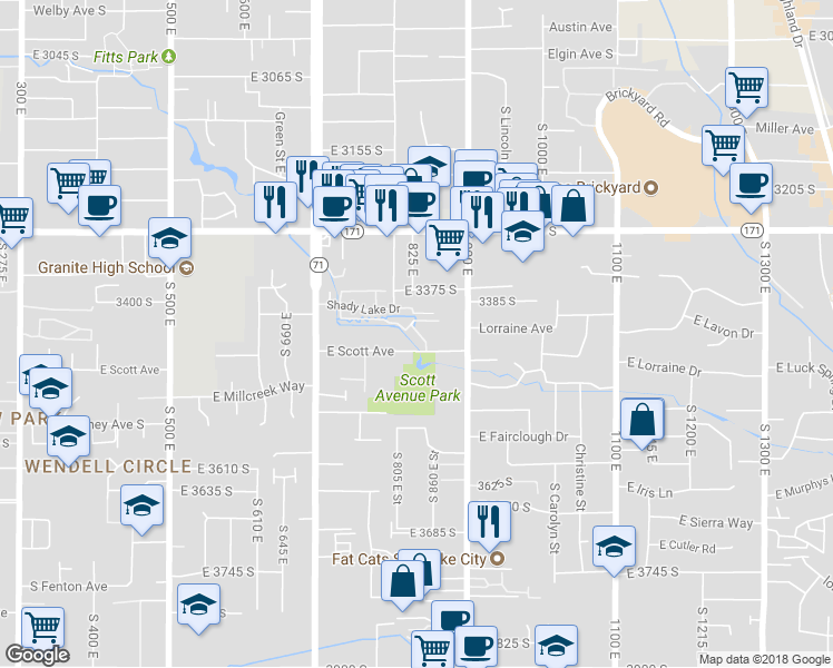 map of restaurants, bars, coffee shops, grocery stores, and more near 3431 Brookview Lane in Millcreek