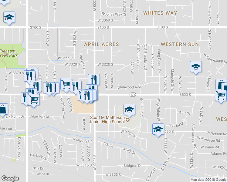 map of restaurants, bars, coffee shops, grocery stores, and more near 7883 West Glenwood Avenue in Magna
