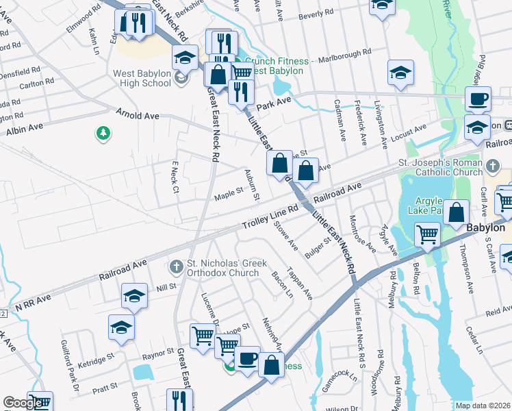 map of restaurants, bars, coffee shops, grocery stores, and more near 62 Evergreen Street in West Babylon