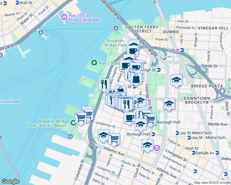 map of restaurants, bars, coffee shops, grocery stores, and more near 145 Willow Street in Brooklyn