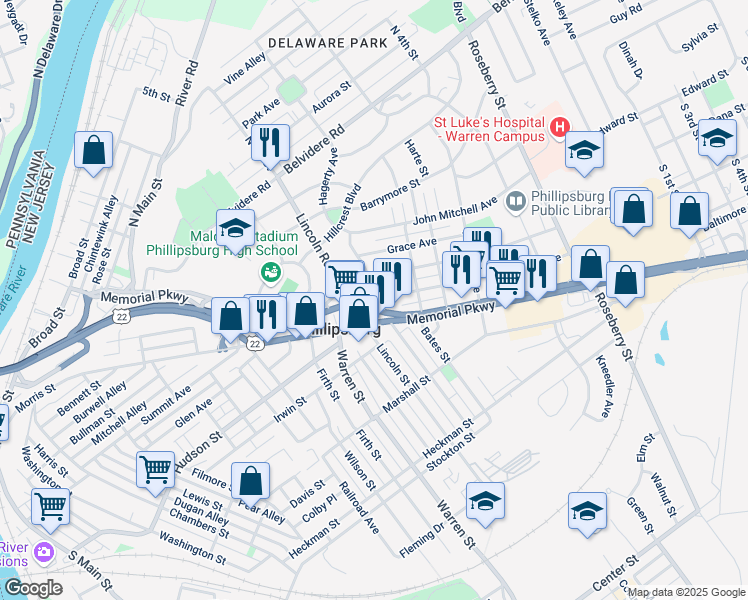 map of restaurants, bars, coffee shops, grocery stores, and more near 210 Prospect Avenue in Phillipsburg