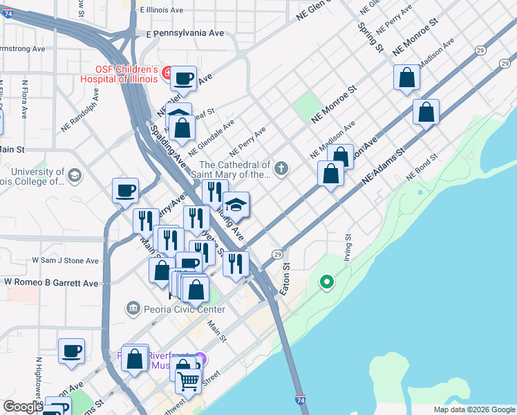 map of restaurants, bars, coffee shops, grocery stores, and more near 504 Northeast Madison Avenue in Peoria