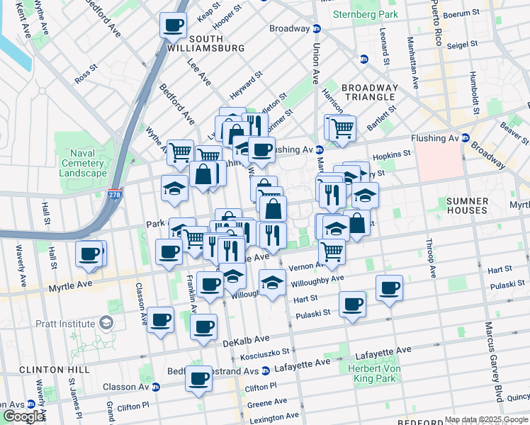 map of restaurants, bars, coffee shops, grocery stores, and more near 544 Park Avenue in Brooklyn