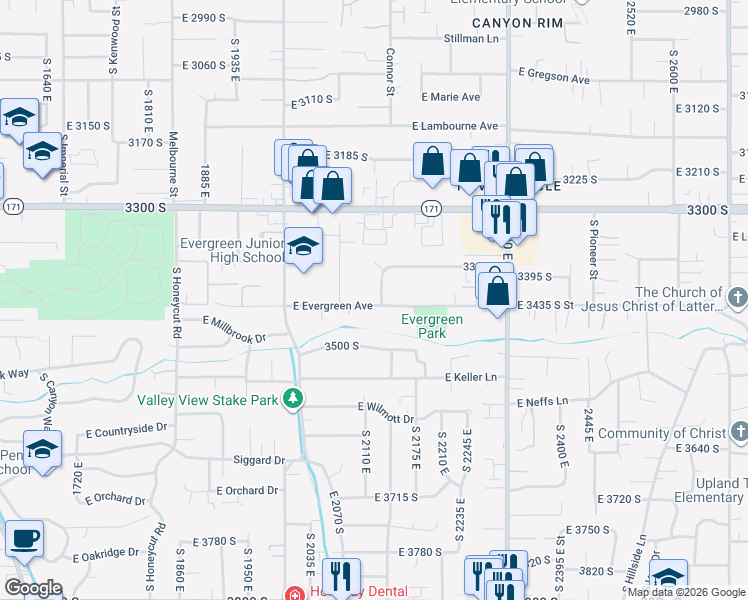 map of restaurants, bars, coffee shops, grocery stores, and more near 2144 East Evergreen Avenue in Salt Lake City