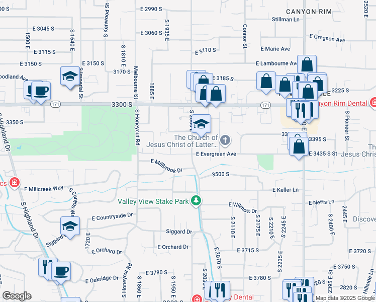 map of restaurants, bars, coffee shops, grocery stores, and more near 3475 South 2000 East in Salt Lake City