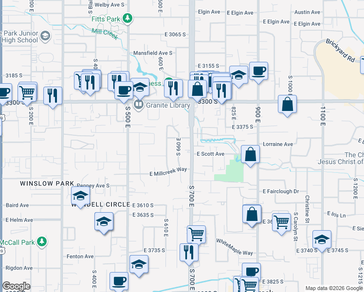 map of restaurants, bars, coffee shops, grocery stores, and more near 3464 South 700 East in South Salt Lake