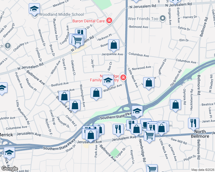 map of restaurants, bars, coffee shops, grocery stores, and more near 2086 Waltoffer Avenue in North Bellmore