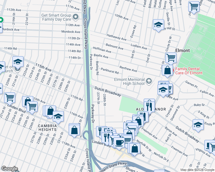 map of restaurants, bars, coffee shops, grocery stores, and more near 2284 Dutch Broadway in Elmont