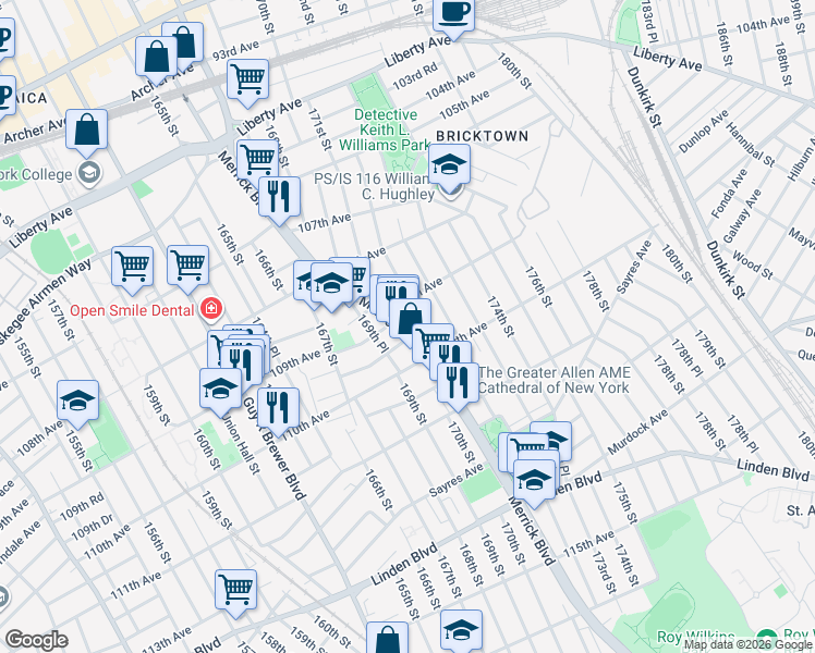 map of restaurants, bars, coffee shops, grocery stores, and more near 10916 Merrick Boulevard in Queens