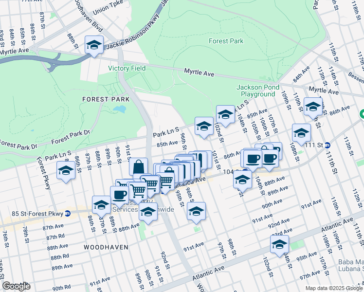 map of restaurants, bars, coffee shops, grocery stores, and more near 85-27 96th Street in Queens