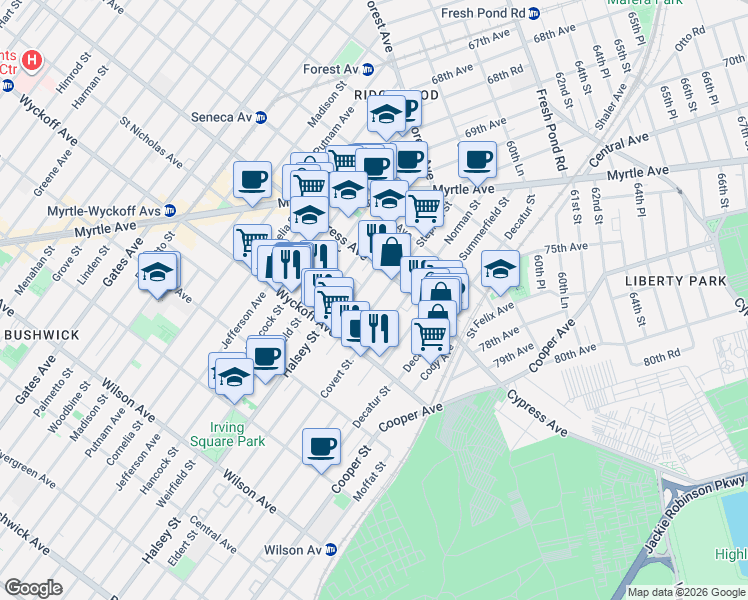 map of restaurants, bars, coffee shops, grocery stores, and more near 1639 Stephen Street in Queens