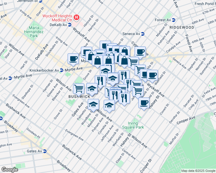 map of restaurants, bars, coffee shops, grocery stores, and more near 315 Woodbine Street in Brooklyn