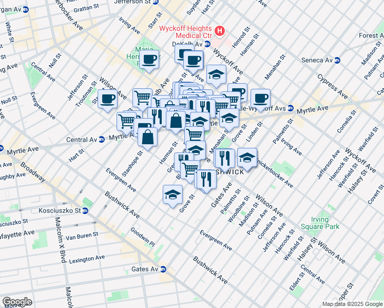 map of restaurants, bars, coffee shops, grocery stores, and more near 155 Bleecker Street in Brooklyn