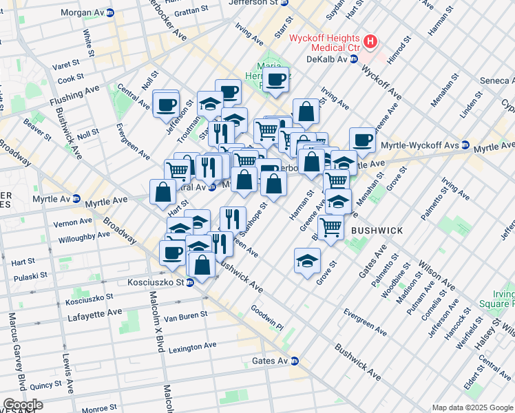 map of restaurants, bars, coffee shops, grocery stores, and more near 80 Stanhope Street in Brooklyn
