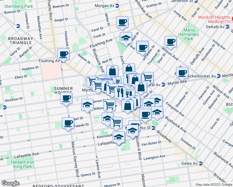 map of restaurants, bars, coffee shops, grocery stores, and more near 12 Ditmars Street in Brooklyn
