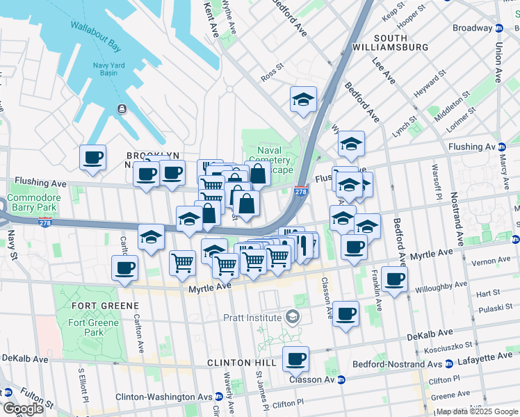 map of restaurants, bars, coffee shops, grocery stores, and more near 35 Ryerson Street in Brooklyn