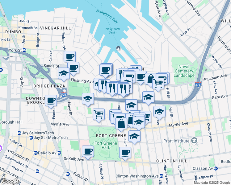 map of restaurants, bars, coffee shops, grocery stores, and more near 139 Park Avenue in Brooklyn