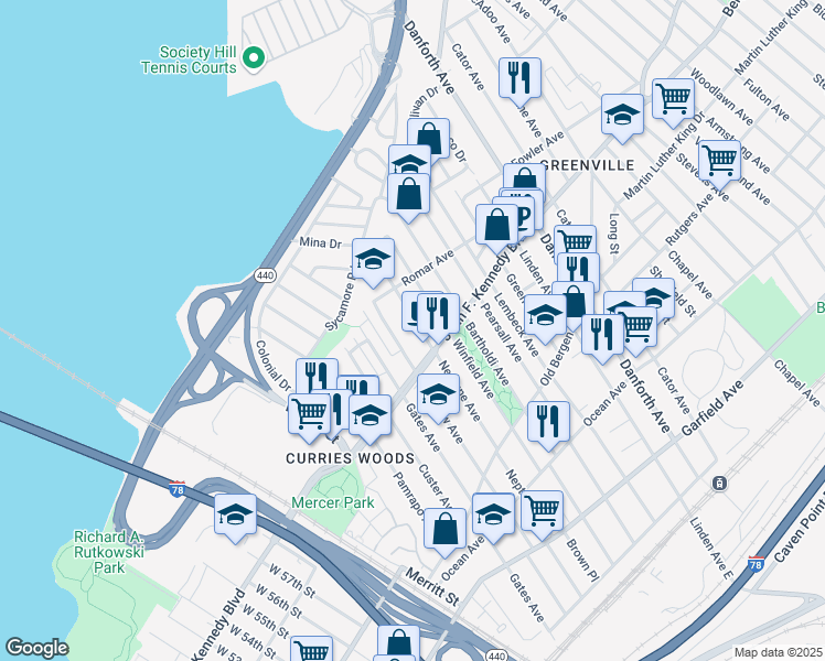 map of restaurants, bars, coffee shops, grocery stores, and more near 236 Neptune Avenue in Jersey City