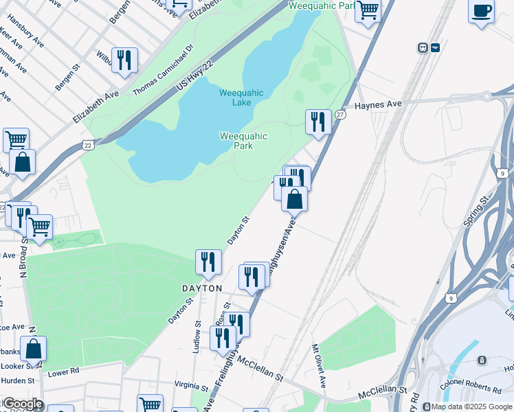 map of restaurants, bars, coffee shops, grocery stores, and more near 164 Dayton Street in Newark