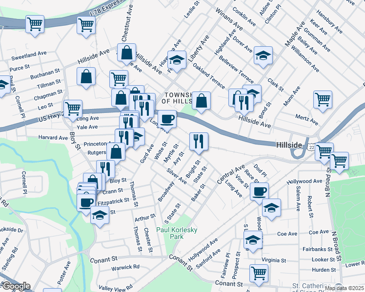 map of restaurants, bars, coffee shops, grocery stores, and more near 1312 Avy Street in Hillside